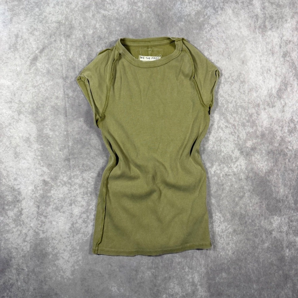 We The Free Free People Olive Green Ribbed Cap Sleeve Seam Tee Small Boho Fairy